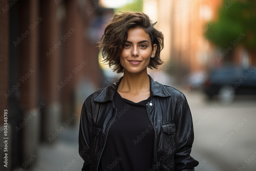 A woman with a short haircut is wearing a black leather jacket and smiling