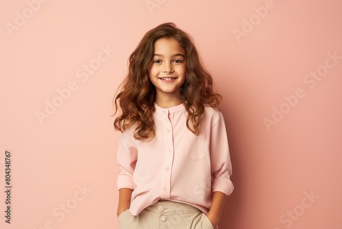 A young girl with long brown hair is wearing a pink shirt and khaki pants photo