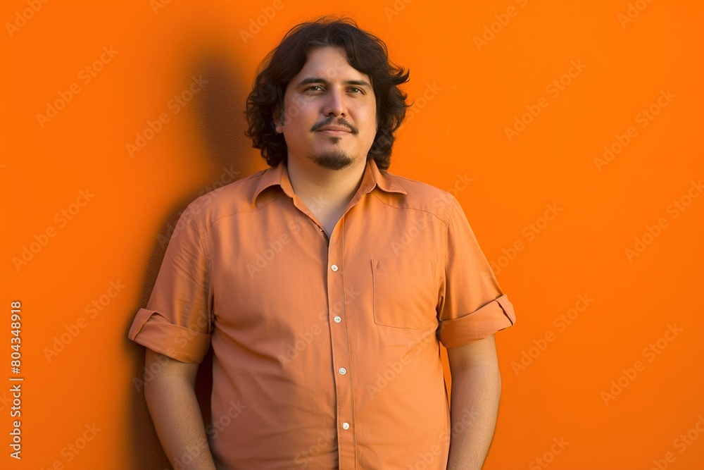 Fototapeta premium A man in an orange shirt stands in front of a wall