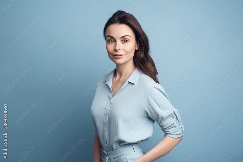 A woman is wearing a blue shirt and blue pants A woman is wearing a blue shirt and blue pants