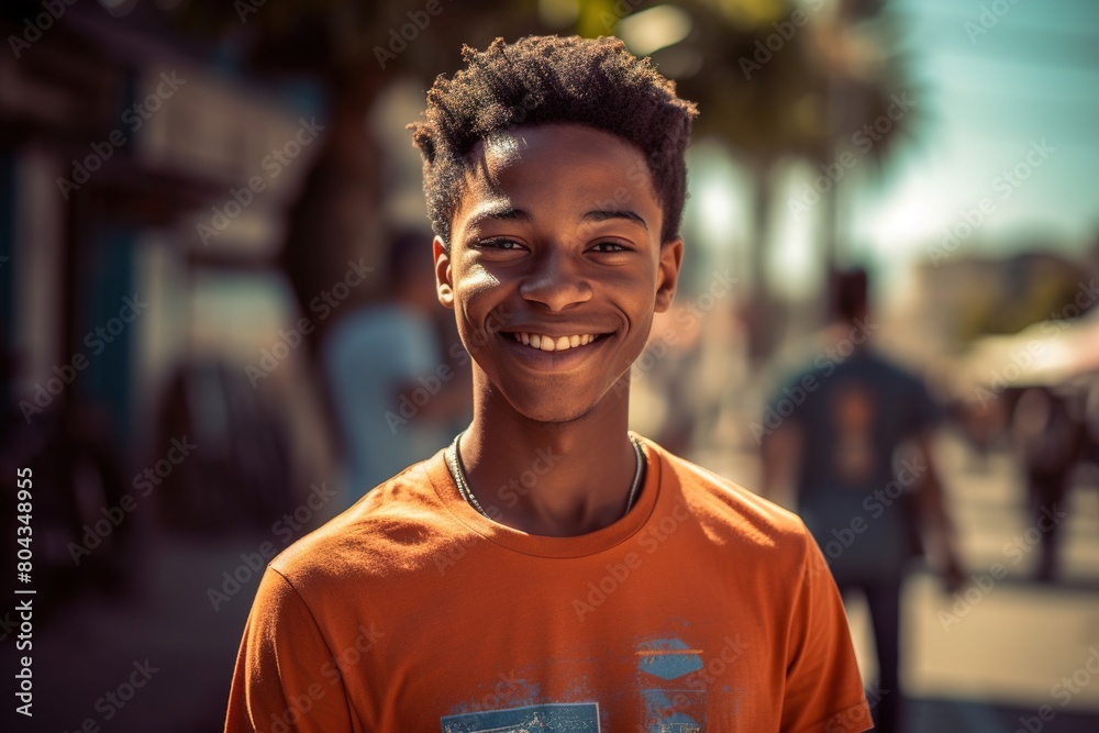 A young man wearing an orange shirt is smiling and posing for a picture A young man wearing an orange shirt is smiling and posing for a picture