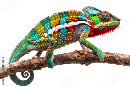 Chameleon on a branch against an isolated white background in a colorful, © HillTract