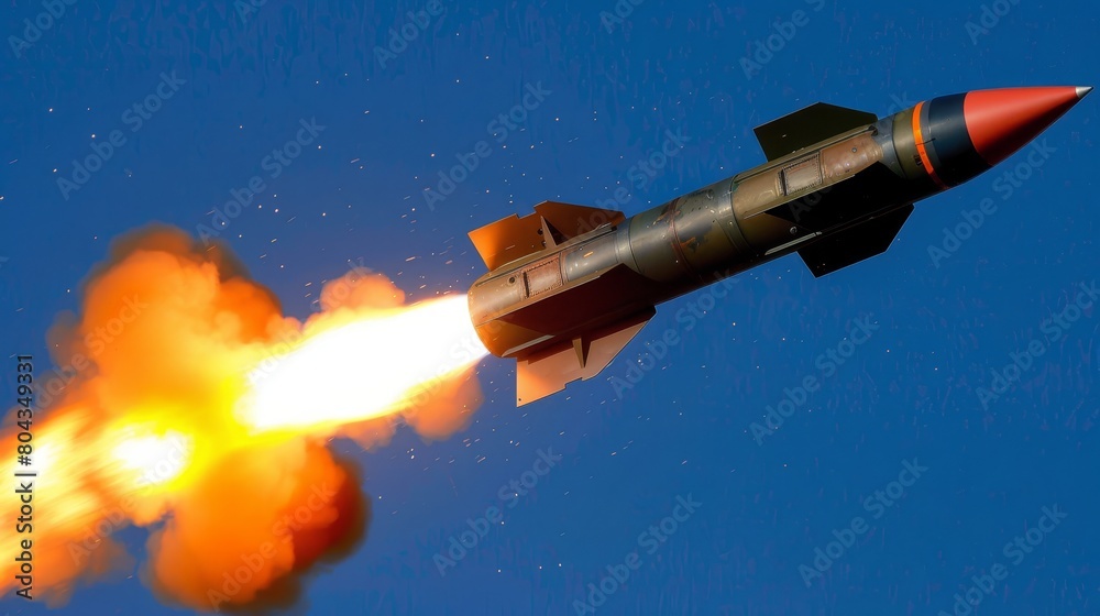 Isolated missile rocket with fiery trail on white background for impactful visuals Isolated missile rocket with fiery trail on white background for impactful visuals