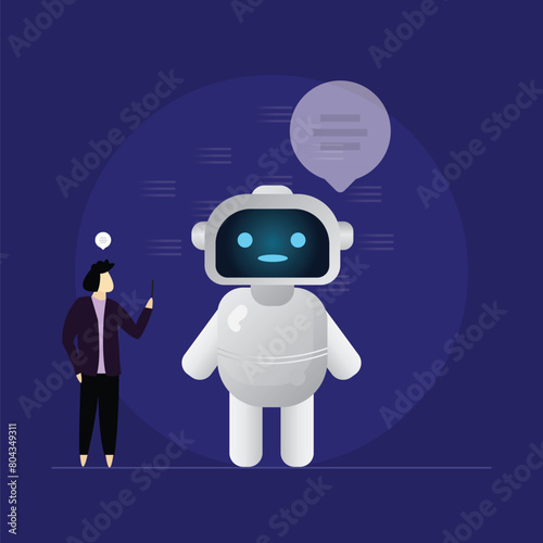 Chatting with isometric AI robot, Artificial Intelligence learning with digital brain and circuit, Artificial intelligence and Business man