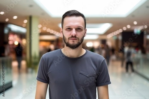 A man with a beard is standing in a mall