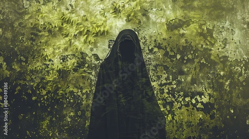 A haunting silhouette of a vengeful wraith stands out against a mossy, vibrant green background, exuding an ethereal and mysterious aura of supernatural solitude and otherworldly fear.