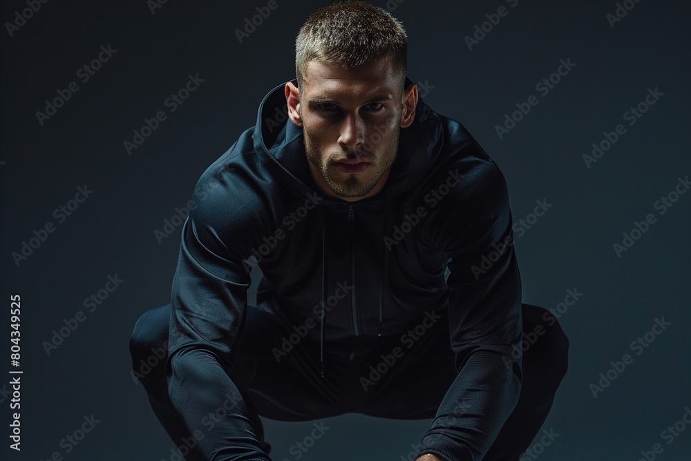 A man in a black hoodie is crouching down