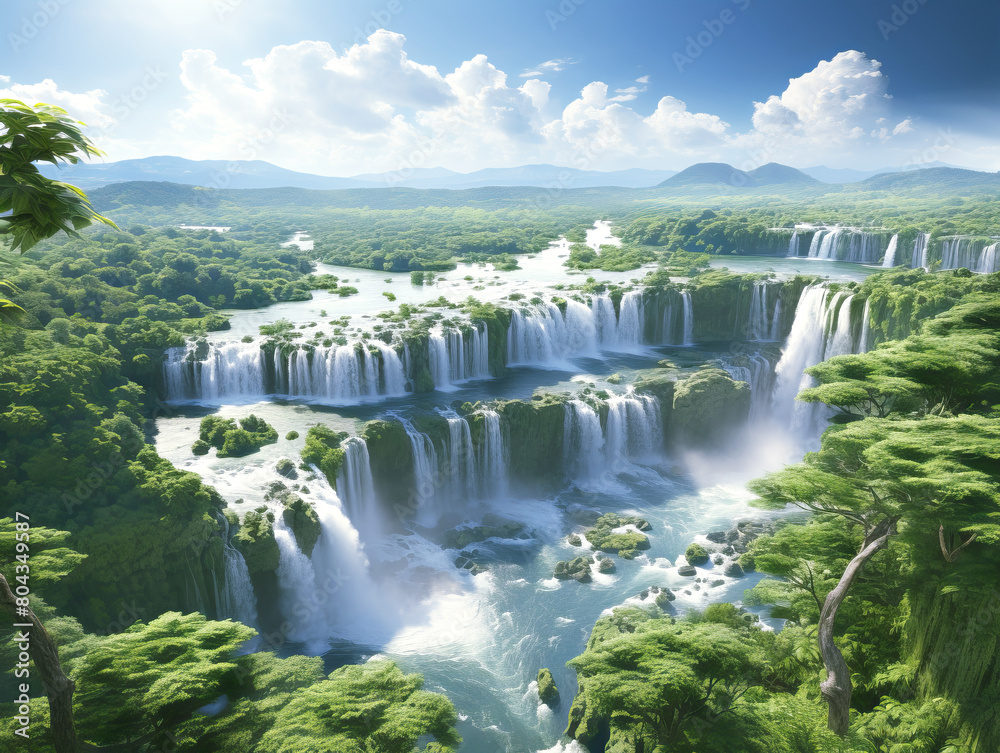 Fototapeta premium A scenic waterfall amidst lush greenery, under a blue sky with clouds, concept of natural beauty, Generative AI. Generative AI