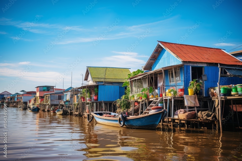 A Serene Afternoon in a Floating Village: Stilt Houses, Colorful Boats, and Locals Going About Their Daily Lives on the Water A Serene Afternoon in a Floating Village: Stilt Houses, Colorful Boats, and Locals Going About Their Daily Lives on the Water