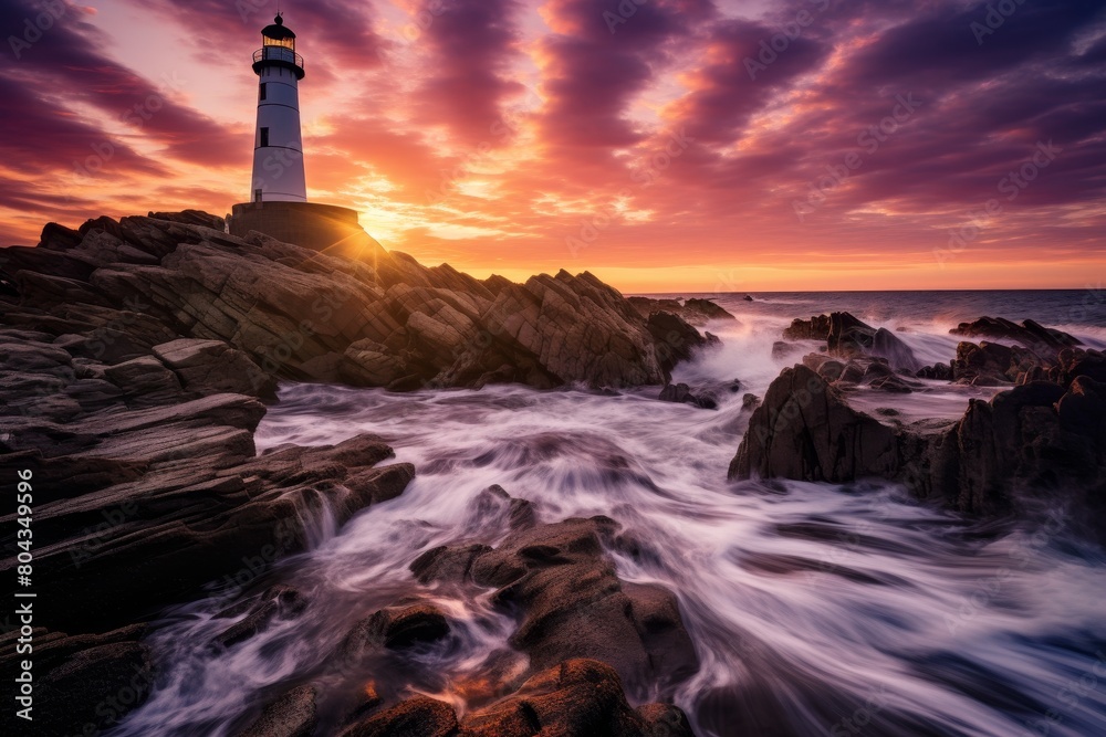 A Majestic Lighthouse Standing Tall Against the Backdrop of a Vibrant Dawn, with Waves Crashing Against the Rocky Shoreline