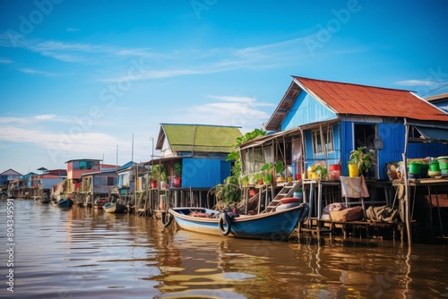 A Serene Afternoon in a Floating Village: Stilt Houses, Colorful Boats, and Locals Going About Their Daily Lives on the Water photo