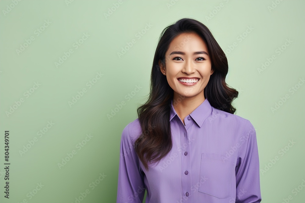A woman with long hair is smiling and wearing a purple shirt A woman with long hair is smiling and wearing a purple shirt