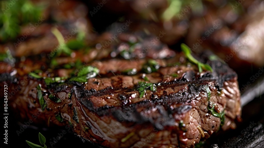 Succulent Grilled Steak with Fresh Herbs Close-Up Succulent Grilled Steak with Fresh Herbs Close-Up