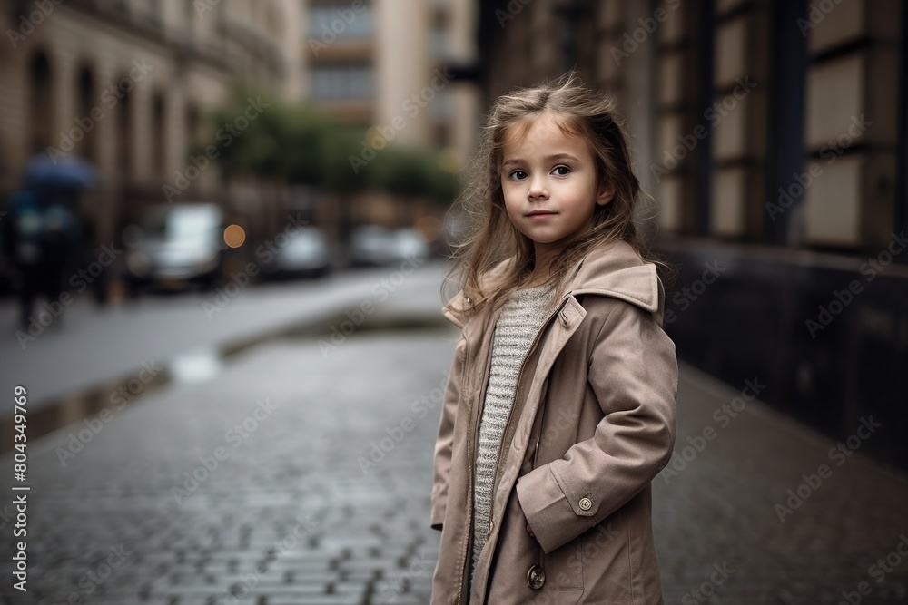 A young girl stands on a cobblestone street in a brown coat