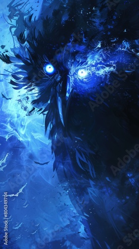 Artistic representation of Caladrius with glowing eyes  magical and mystical  on a stark  dark blue background