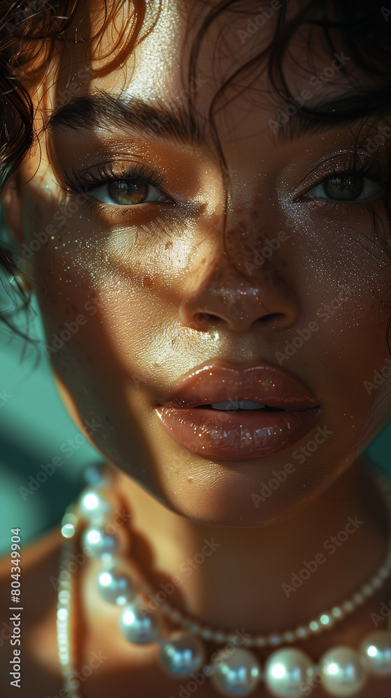 person adorned with elegant pearl jewelry, including a necklace and a sparkling earring person adorned with elegant pearl jewelry, including a necklace and a sparkling earring