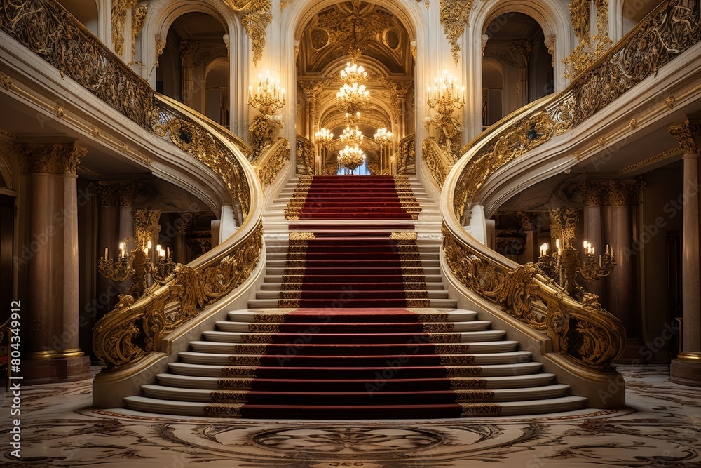 An Opulent Evening at the Opera: A Detailed Representation of a Classic Opera House Foyer Adorned with Gold Leaf Accents, Crystal Chandeliers, and Marble Staircases An Opulent Evening at the Opera: A Detailed Representation of a Classic Opera House Foyer Adorned with Gold Leaf Accents, Crystal Chandeliers, and Marble Staircases