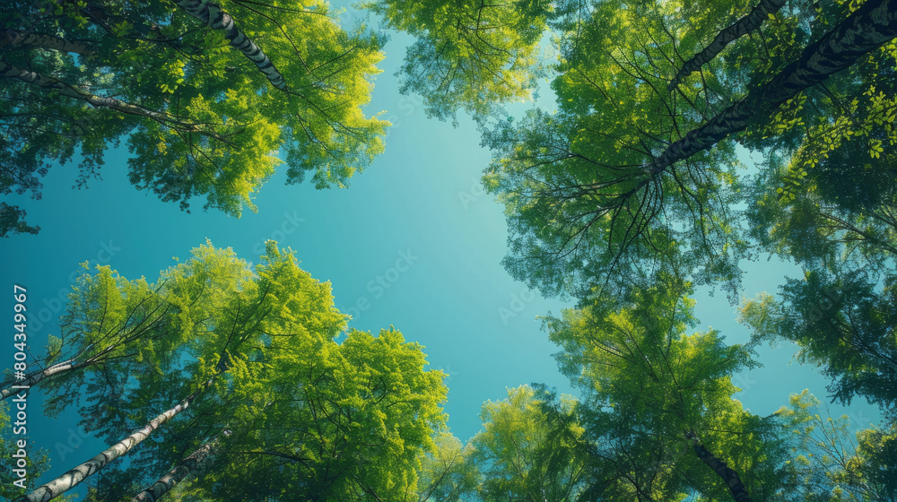 Spectacular view of trees in a forest against a clear blue sky backdrop, showcasing the lush green canopy from a unique vantage point. Spectacular view of trees in a forest against a clear blue sky backdrop, showcasing the lush green canopy from a unique vantage point.