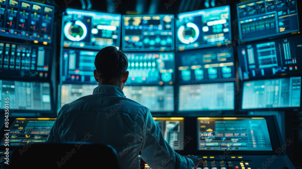 Cutting-edge control room technology used to monitor production of hydrogen energy by technicians. Cutting-edge control room technology used to monitor production of hydrogen energy by technicians.