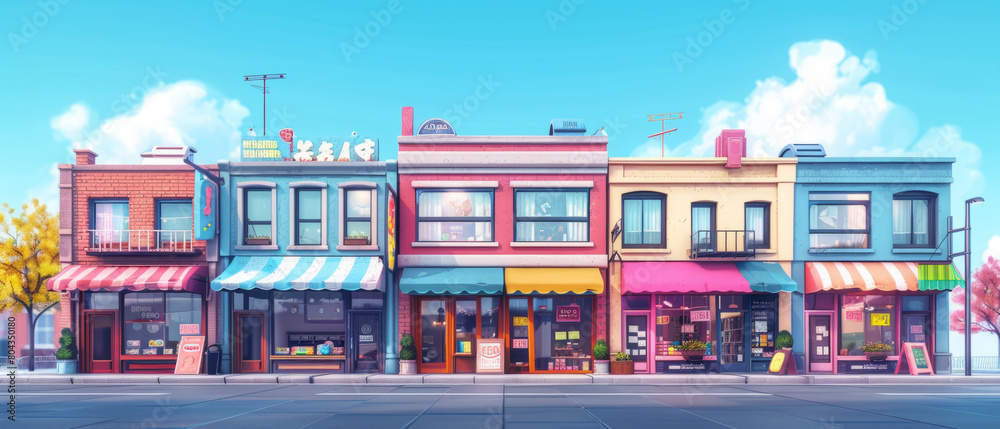 Illustration of urban shop buildings on a street, capturing the essence of city life and architecture.