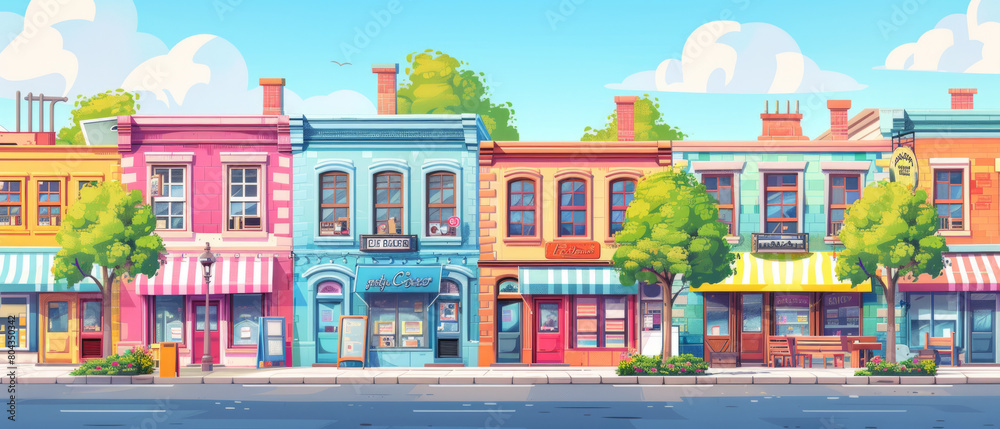 illustration of a street with shop buildings, creating a bustling urban scene with architectural details. illustration of a street with shop buildings, creating a bustling urban scene with architectural details.