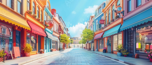 A  illustration depicting a street filled with shop buildings, showcasing urban architecture and design. photo