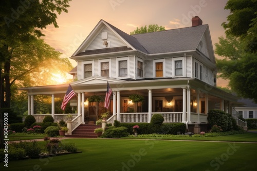 A Tranquil Suburban Dream Home at Sunset, Surrounded by Lush Greenery and Children Playing in the Yard, with a Classic American Flag Fluttering in the Breeze © aicandy
