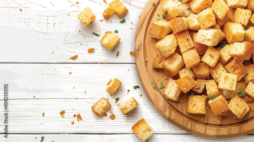 Board of tasty croutons on white wooden background Vector