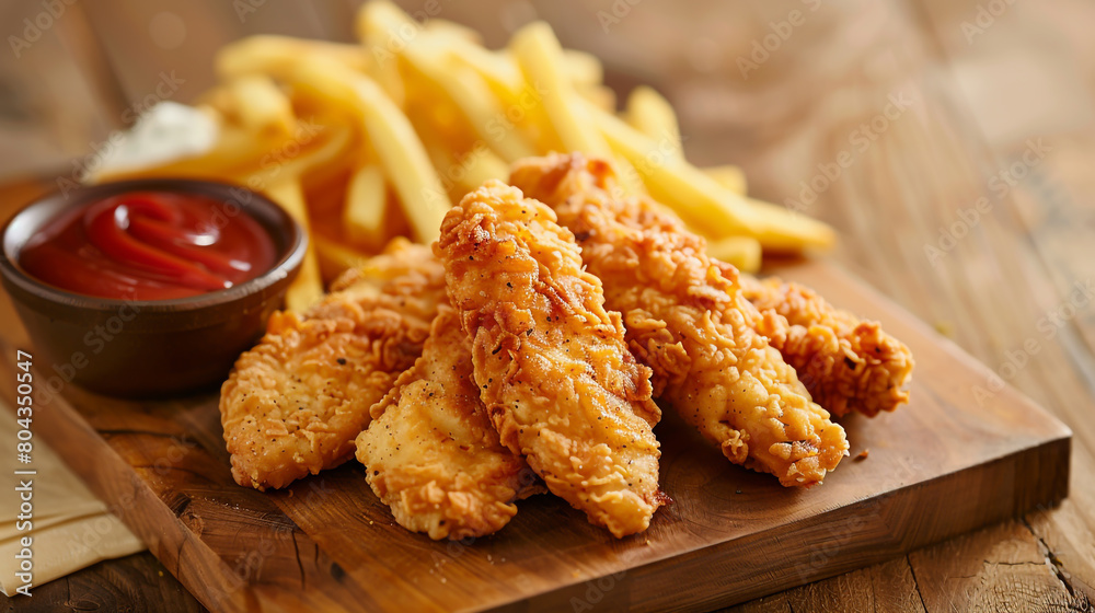 Naklejka premium chicken strips and fries on wooden board with ketchup,