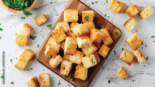 Board of tasty croutons with cream cheese on white m