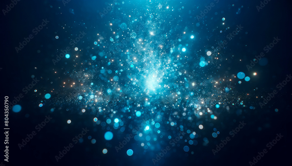 Sparkling particles scattered in a dark blue space, resembling a starry sky or cosmic phenomena, abstract concept. Generative AI