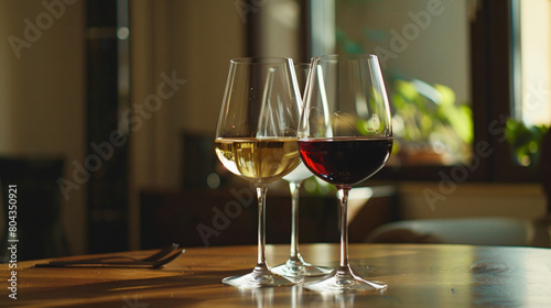 Glasses of expensive red and white wines on table