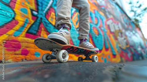 A skater riding a skateboard against a graffiti wall backdrop, captured from a low angle view.
