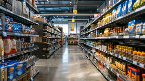 The interior of a supermarket with shelves stocked full of various food and household products. © Lucky_jl