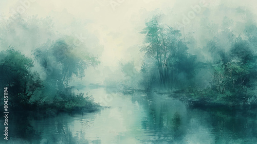 A tranquil watercolor painting of a misty forest and serene river without human presence.
