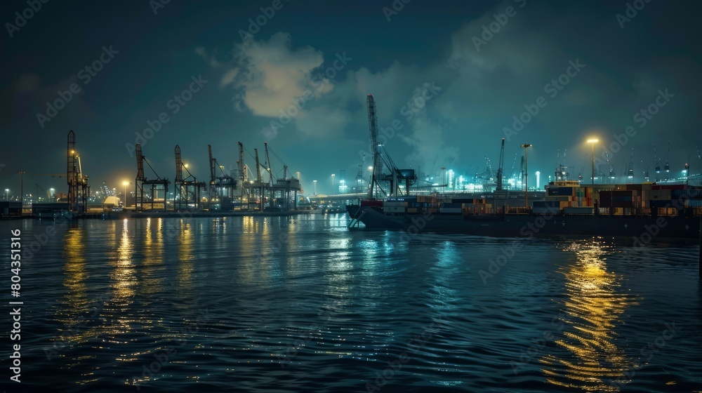The bustling activity of a modern port at night, with the glow of city lights reflecting off the water and illuminating the industrial landscape