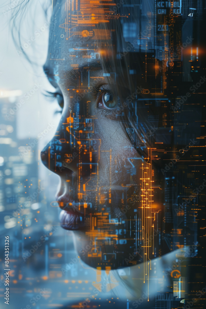A unique double exposure portrait blending a human face with abstract technological elements, symbolizing seamless business process integration.