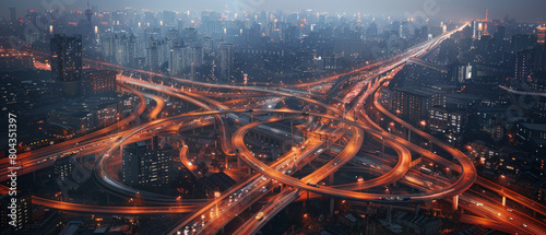 An aerial view of a vibrant city illuminated by the network of intersecting highways at night