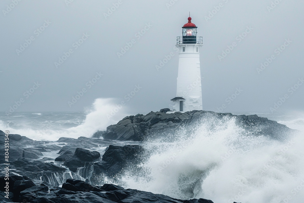 A solitary lighthouse standing tall against crashing waves on a rocky coastline, isolated on solid white background.