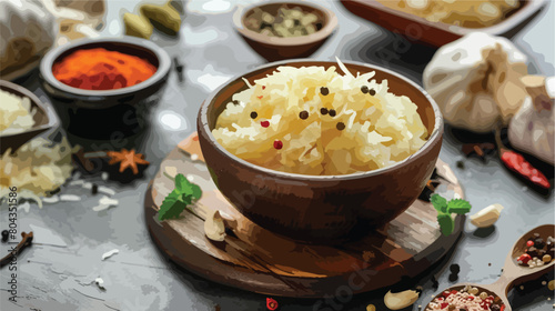 Board with bowl of delicious sauerkraut and different