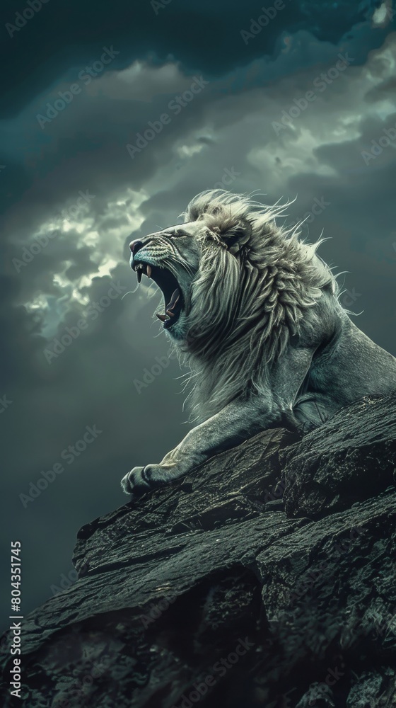Fototapeta premium Chimera perched on a rocky ledge, lions head roaring, against a simple, dramatic dark sky background