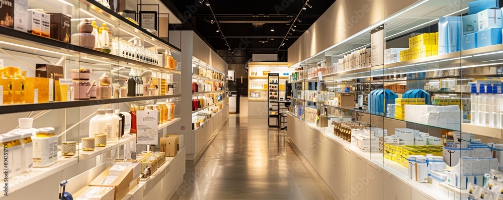 The interior of a modern, well-lit store that sells various personal care and beauty products.