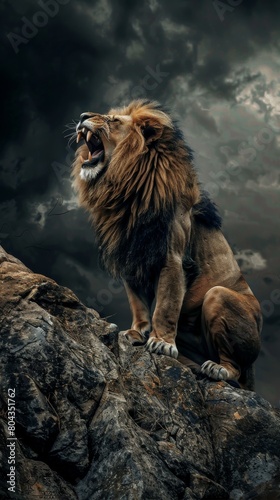 Chimera perched on a rocky ledge  lions head roaring  against a simple  dramatic dark sky background