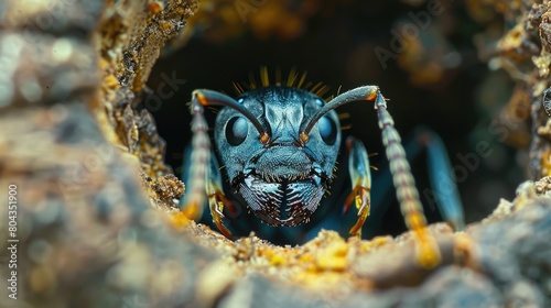 A Polyrhachis queenslandica ant prepares to enter its arboreal nest. Garradunga, Australia. Generative AI photo