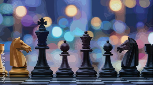Board with chess pieces on blurred background closeup