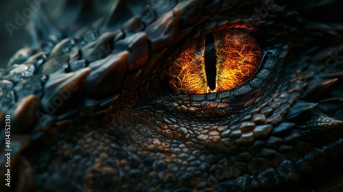Closeup of a dragons eye, glowing intensely, with a smooth, plain black background to enhance the mystery