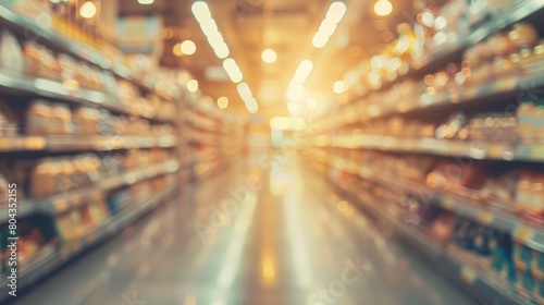 Blurred image of a grocery store aisle with a bright light at the end photo