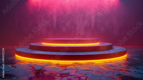 A glowing orange podium with three steps sits in a dark room with a glowing pink background.