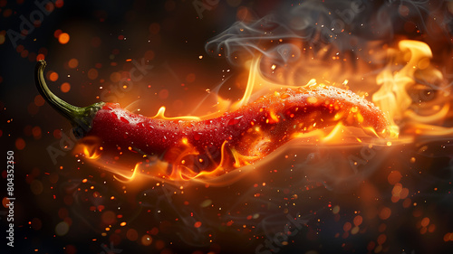 This Hot pepper on fire, blazing against a black backdrop. Fiery Hot Pepper on Black Background