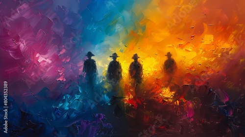 Oil painting with four dark...